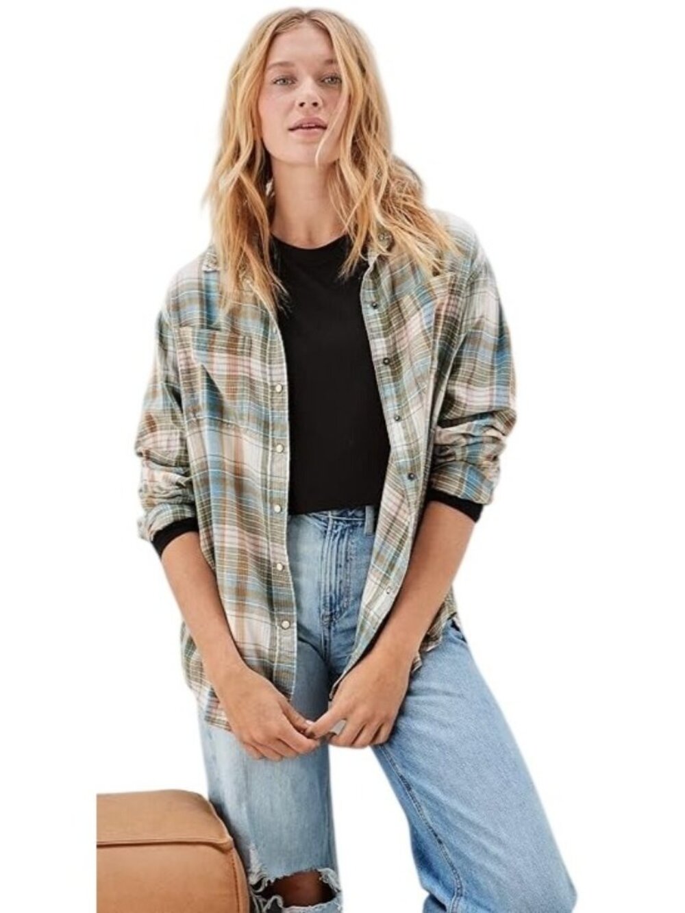 American Eagle Plaid Flannel Shirt Sz XS Pearl Snap Grunge Longsleeve Streetwear